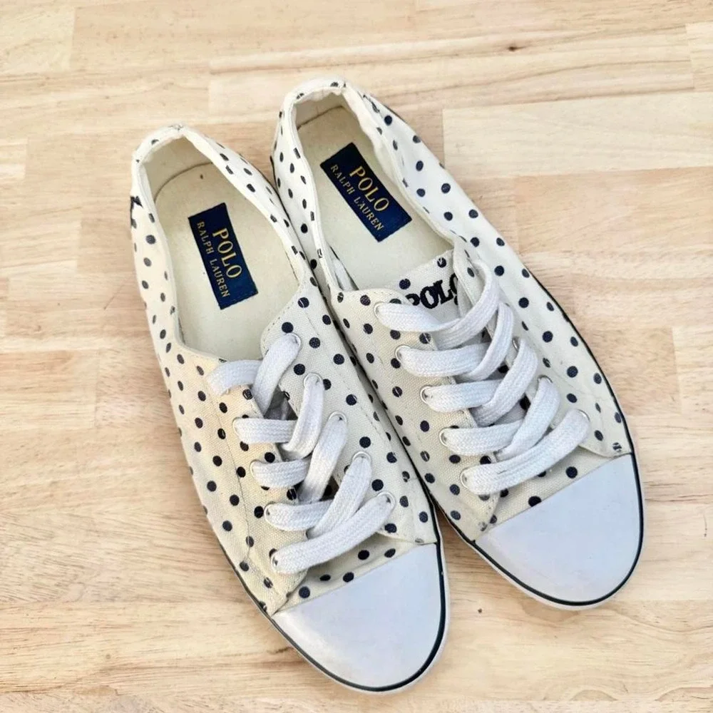 Polo Ralph Lauren Polka Dot Sneaker Navy Blue Cream Cotton Canvas Lace Up